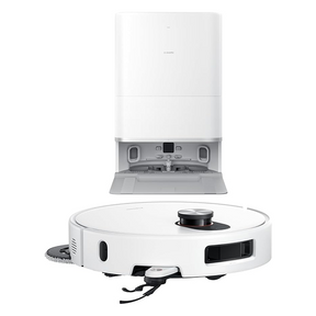 A white robotic vacuum cleaner shown below a matching white and gray automatic docking station on a clean white background.