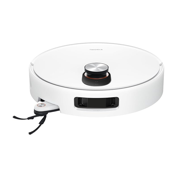 A white robotic vacuum cleaner with a circular design, featuring a central control knob, a front sensor panel, and a small side attachment, shown on a plain white background.