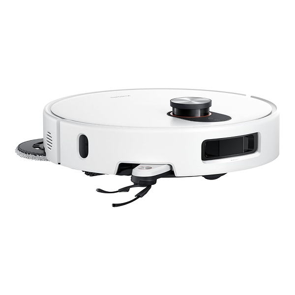 A white robotic vacuum cleaner with black and silver details, shown from a side angle on a plain white background.
