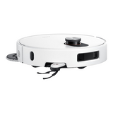 A white robotic vacuum cleaner with black and silver details, shown from a side angle on a plain white background.