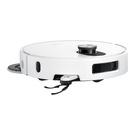 A white robotic vacuum cleaner with black and silver details, shown from a side angle on a plain white background.