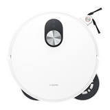 A white Xiaomi robotic vacuum cleaner shown from a top-down angle on a plain white background, with a black control panel, silver center button, and visible cleaning brushes.