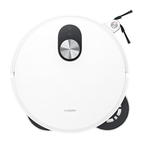 A white Xiaomi robotic vacuum cleaner shown from a top-down angle on a plain white background, with a black control panel, silver center button, and visible cleaning brushes.