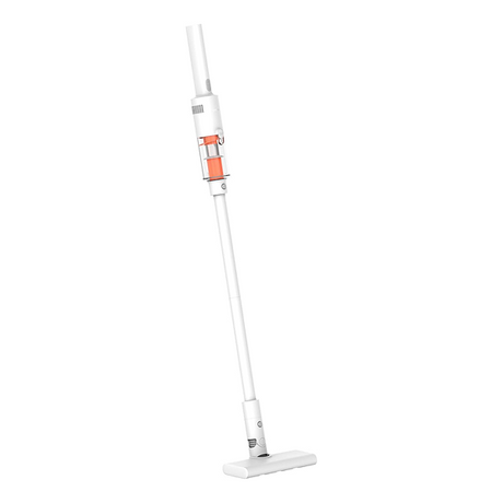 A cordless stick vacuum cleaner with a white body and bright orange accents, shown from a high-angle perspective against a solid white background.