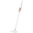 A cordless stick vacuum cleaner with a white body and bright orange accents, shown from a high-angle perspective on a solid white background.