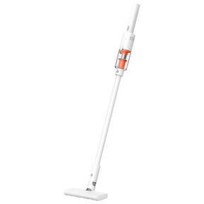 A cordless stick vacuum cleaner with a white body and bright orange accents, shown from a high-angle perspective on a solid white background.
