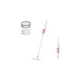 A cordless stick vacuum cleaner in white with orange accents, shown with two filter replacement parts on a plain white background.