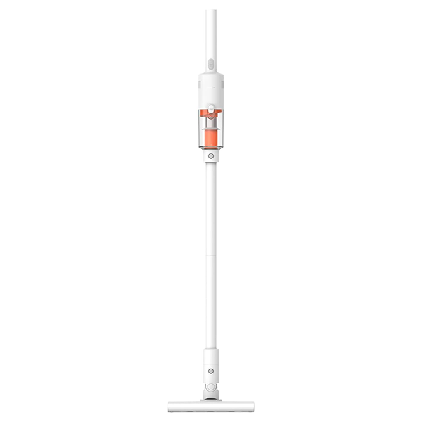 A cordless stick vacuum cleaner with a white body and a clear dust bin containing orange debris, shown against a solid white background.