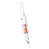 A cordless stick vacuum cleaner with a white body, clear dust bin, and bright orange filter element, shown against a solid white background.