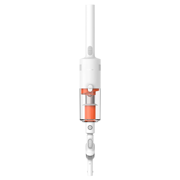 A cordless stick vacuum cleaner with a white body, clear dust container, and bright orange internal filter components, shown against a solid white background.