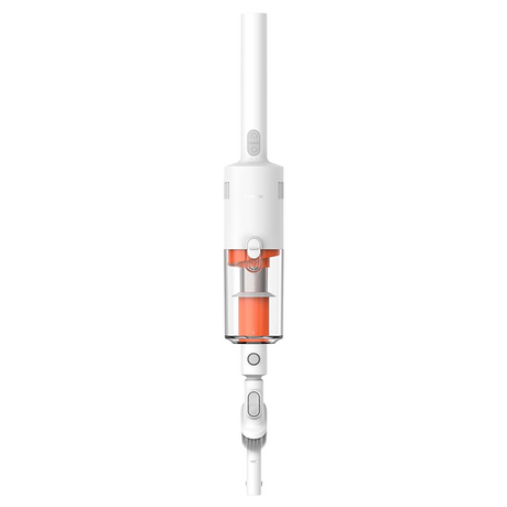 A cordless stick vacuum cleaner with a white body, clear dust container, and bright orange internal filter components, shown against a solid white background.