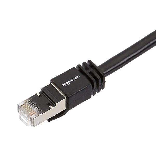 An RJ45 Ethernet cable connector from Amazon Basics, featuring a black plastic housing with the white Amazon logo, on a clean white background.