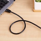 A black USB cable plugged into a laptop on a light wood desk, with the cable coiled in front of the laptop and a small potted succulent in the upper right corner.