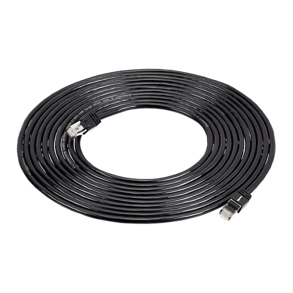 A coiled black Ethernet cable with RJ45 connectors on both ends, photographed on a solid white background.