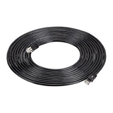 A coiled black Ethernet cable with RJ45 connectors on both ends, photographed on a solid white background.