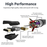 An informational product diagram showing a network cable and its labeled parts, including the PVC jacket, aluminum foil and mylar shielding, high-quality copper wire, 24K gold-plated contacts, and a connector. Large text at the top reads 'High Performance' with supporting copy about high-quality video and sound.