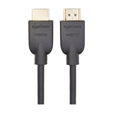 Amazon Basics HDMI cable with two black HDMI connectors featuring gold-plated metal contacts, on a solid white background.