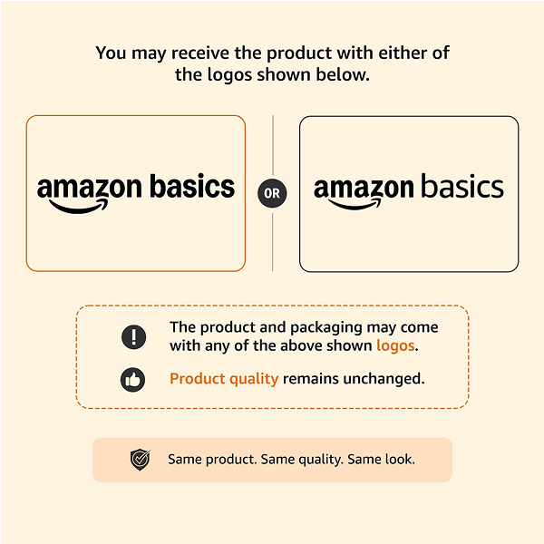 A promotional graphic on a warm beige background explaining that the product may arrive with either Amazon Basics logo shown below. Two large rounded boxes display the Amazon Basics wordmark, one outlined in orange and one in dark gray, with an 'OR' between them.