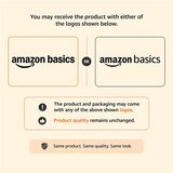 A promotional graphic on a warm beige background explaining that the product may arrive with either Amazon Basics logo shown below. Two large rounded boxes display the Amazon Basics wordmark, one outlined in orange and one in dark gray, with an 'OR' between them.