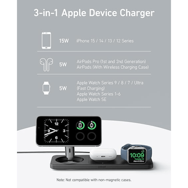 Anker MagGo 3 - in - 1 Wireless Charging Pad – 15W MagSafe Charger – A25M1 Black (for iPhone, Airpods and Apple Watch) Anker Egypt
