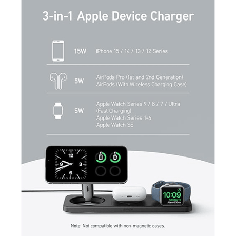 Anker MagGo 3 - in - 1 Wireless Charging Pad – 15W MagSafe Charger – A25M1 Black (for iPhone, Airpods and Apple Watch) Anker Egypt