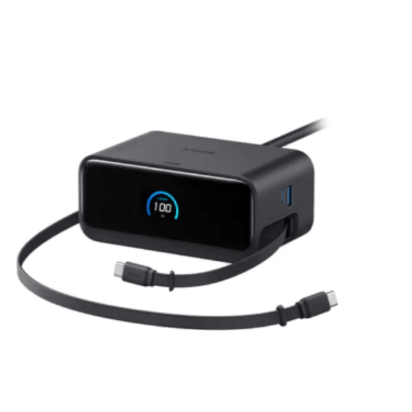 Anker Nano 6-in-1 100W charging station with retractable USB-C – front view black