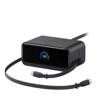 Anker Nano 6-in-1 100W charging station with retractable USB-C – front view black