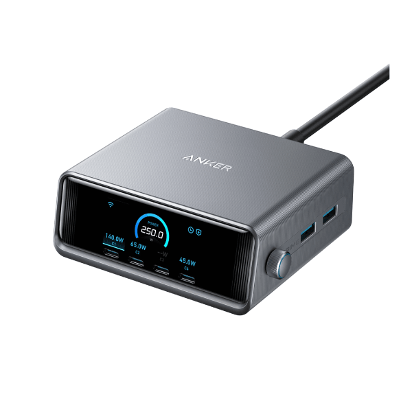 Anker Prime 250W GaN charger 6-port fast charging station 4 USB-C 2 USB-A – front view