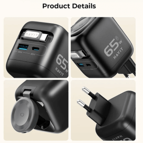 Havit 65W GaN Travel Charger UC252 EU with Retractable Cable and Watch Charger Black Havit Egypt
