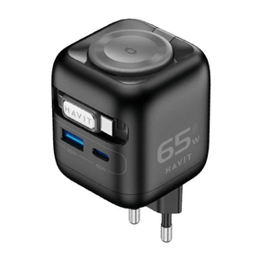 Havit 65W GaN travel charger UC252 EU with retractable cable and watch charger – front view black