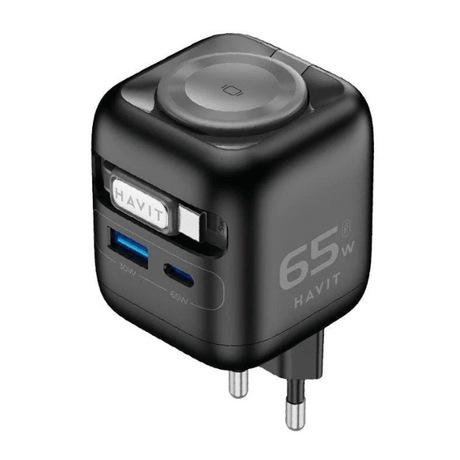 Havit 65W GaN travel charger UC252 EU with retractable cable and watch charger – front view black