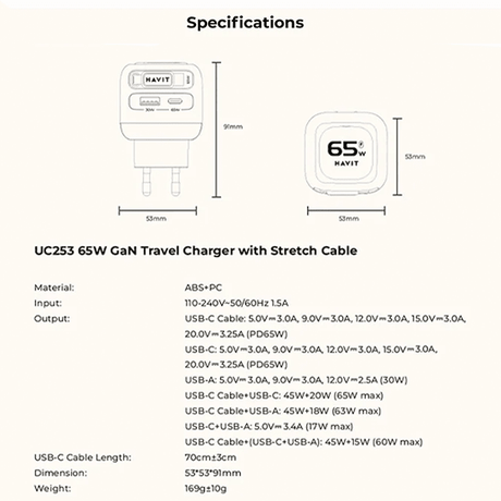 Havit 65W GaN Travel Charger UC253 EU with Retractable Cable Black Havit Egypt