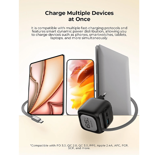 Havit 65W GaN Travel Charger UC253 EU with Retractable Cable Black Havit Egypt