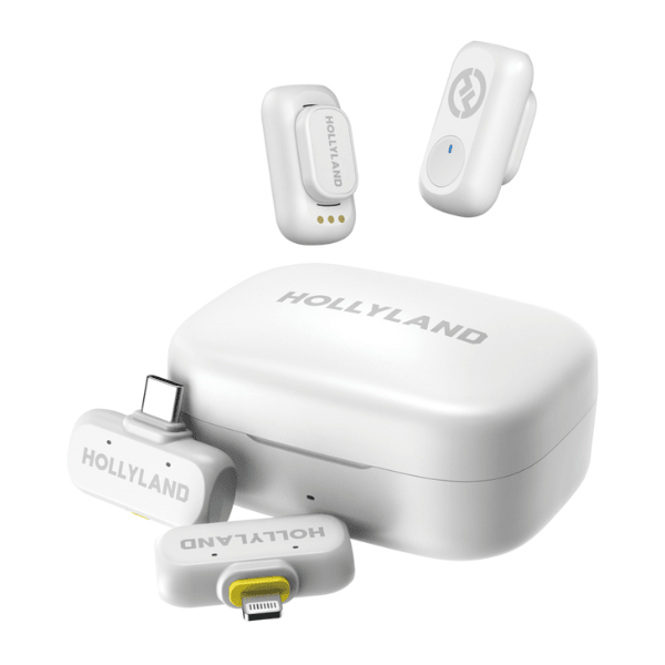 Hollyland Lark A1 Duo wireless lavalier microphone set – front view ivory white