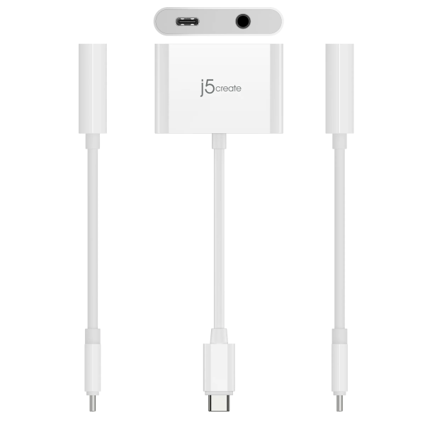 A white j5create USB-C to 3.5mm audio adapter with a USB-C connector on one end and a 3.