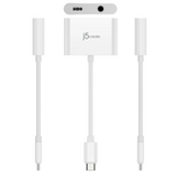 A white j5create USB-C to 3.5mm audio adapter with a USB-C connector on one end and a 3.