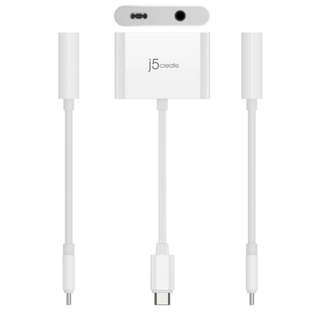 A white j5create USB-C to 3.5mm audio adapter with a USB-C connector on one end and a 3.