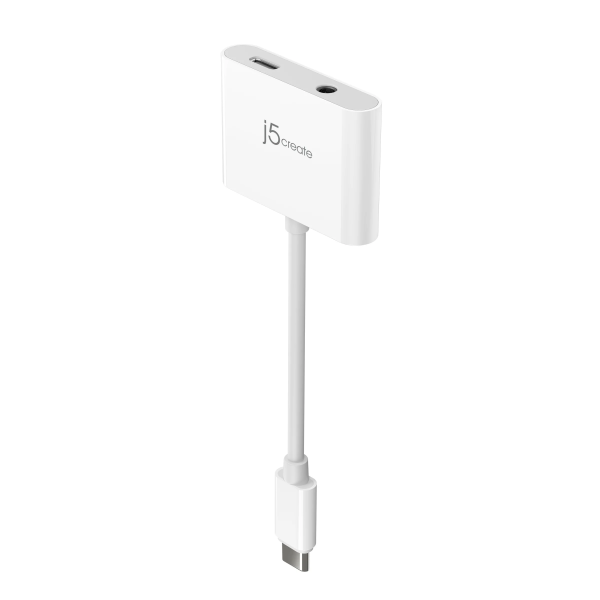 A white audio adapter cable with a USB-C connector, featuring the 'j5audio' brand logo on the side, set against a plain white background.