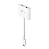 A white audio adapter cable with a USB-C connector, featuring the 'j5audio' brand logo on the side, set against a plain white background.