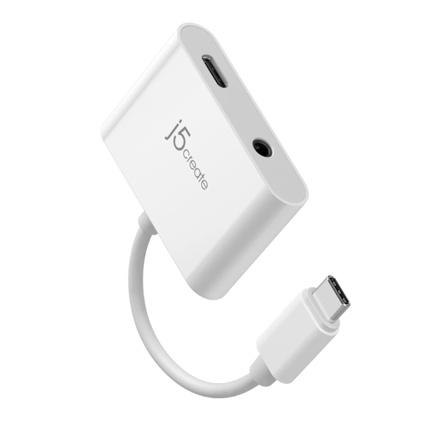 White USB-C adapter with a cable on a white background