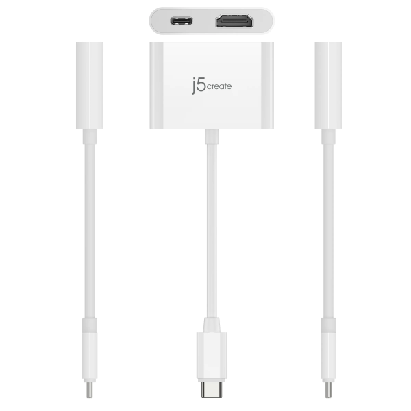 A white j5create USB-C to HDMI adapter cable with a multi-pin USB-C connector on one end and a HDMI port on the main block, shown on a plain white background.