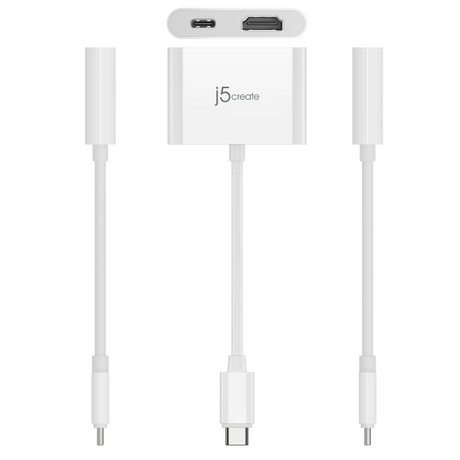 A white j5create USB-C to HDMI adapter cable with a multi-pin USB-C connector on one end and a HDMI port on the main block, shown on a plain white background.
