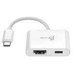 White USB-C adapter with multiple ports on a white background