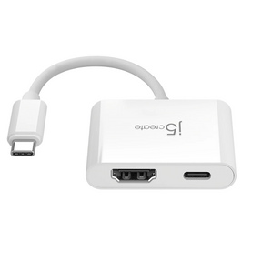 White USB-C adapter with multiple ports on a white background