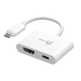 White USB-C adapter with HDMI and micro USB ports on a white background
