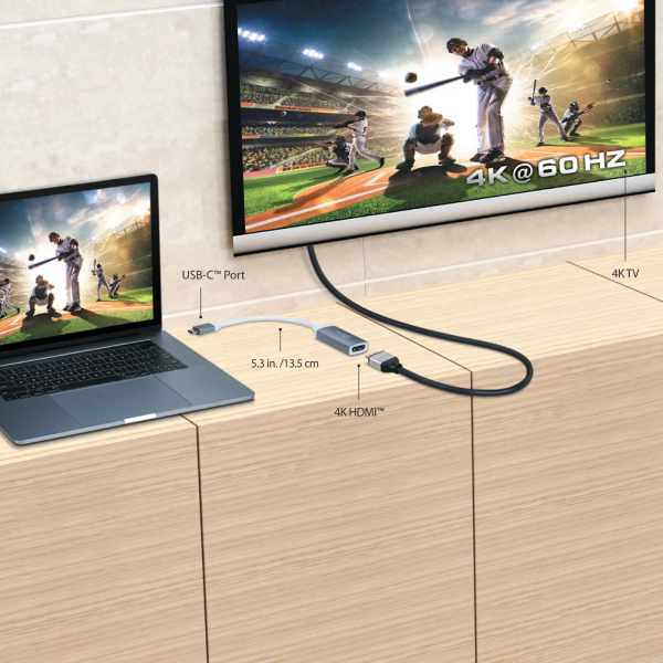 Laptop connected to a TV via USB-C and HDMI cables, displaying a sports game.