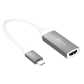A white and silver USB-C to HDMI adapter cable with a white connector plug and a silver metal housing, featuring the 'j5create' brand logo on the side.