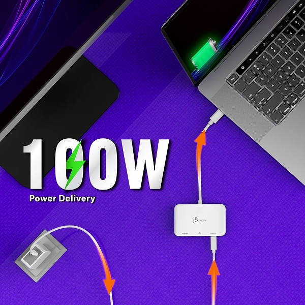 j5create JCA351USB - Cto 4K HDMI Ethernet Adapter - DokkanTech Laptop, phone, and power adapter on a purple background with '100W Power Delivery' text.