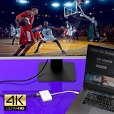 j5create JCA351USB - Cto 4K HDMI Ethernet Adapter - DokkanTech Basketball game on a monitor with a laptop displaying a video on demand service.