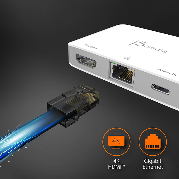 j5create JCA351USB - Cto 4K HDMI Ethernet Adapter - DokkanTech Network adapter with Ethernet cable on a dark background, featuring 4K HDMI and Gigabit Ethernet icons.
